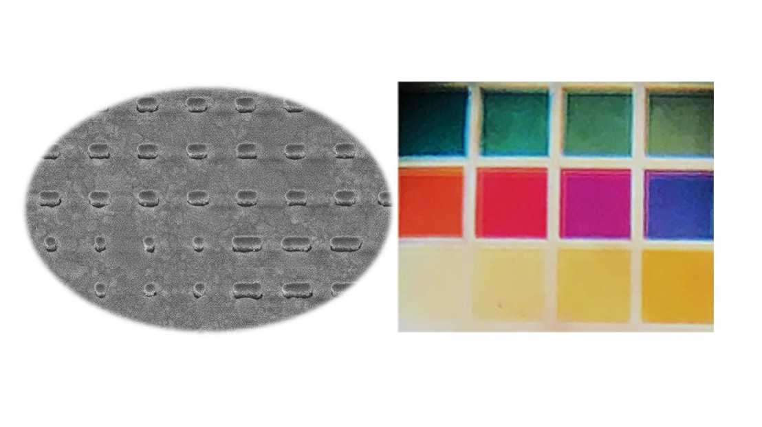 Couleurs codifiables (à droite) reflétées par les nanostuctures en argent (à gauche) développées dans le Laboratoire de nanophotonique et métrologie. 2023 EPFL/ Unknown-NAM- CC-BY-SA 4.0