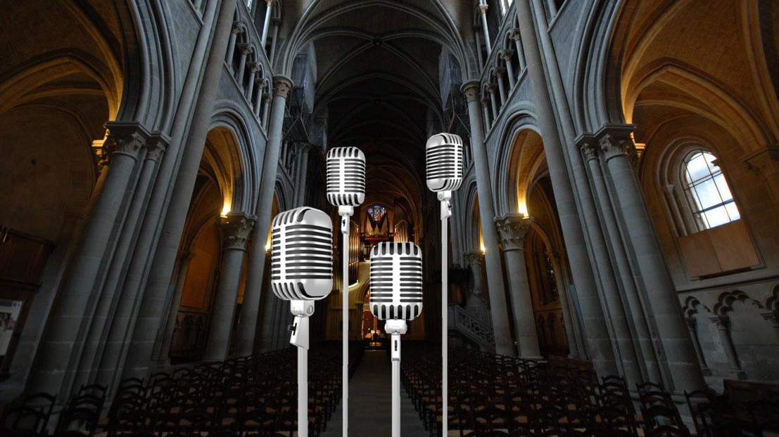 The scientists tried to model the Lausanne Cathedral using only four microphones (photomontage).