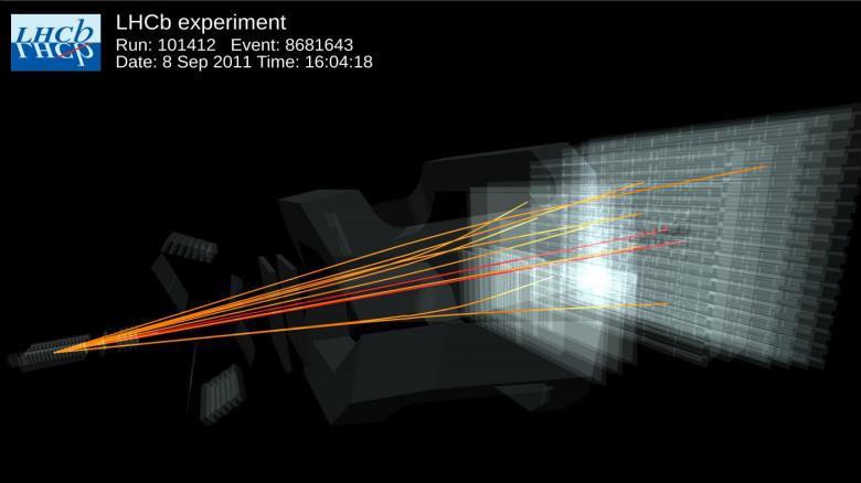 Event display of a candidate B0s particle decaying into two muons in the LHCb detector. (Image: LHCb/CERN)