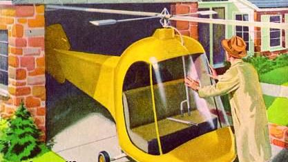 The idea of individual flying vehicles isn't really new: detail of a 1951 Popular Mechanics magazine cover.