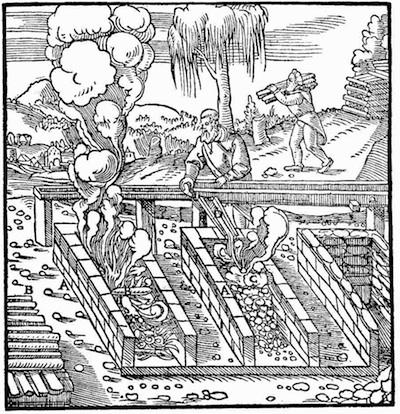 Engraving shows ancient activities involving burning