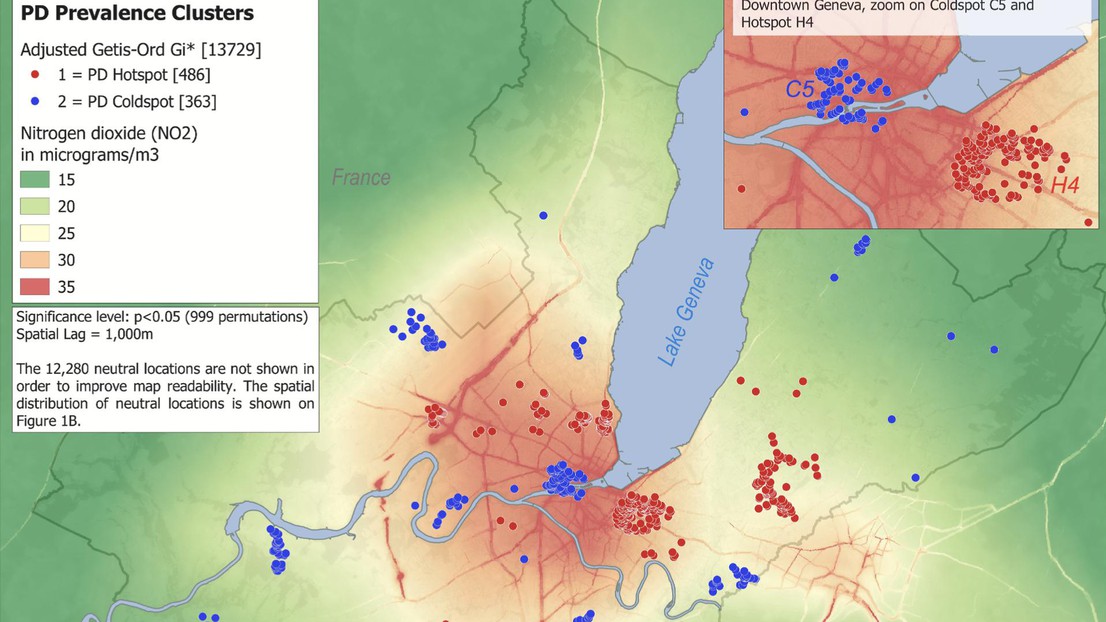 Répartition des hotspots et des coldspots de la maladie de Parkinson dans le canton de Genève, associée à la pollution atmosphérique. © LASIG