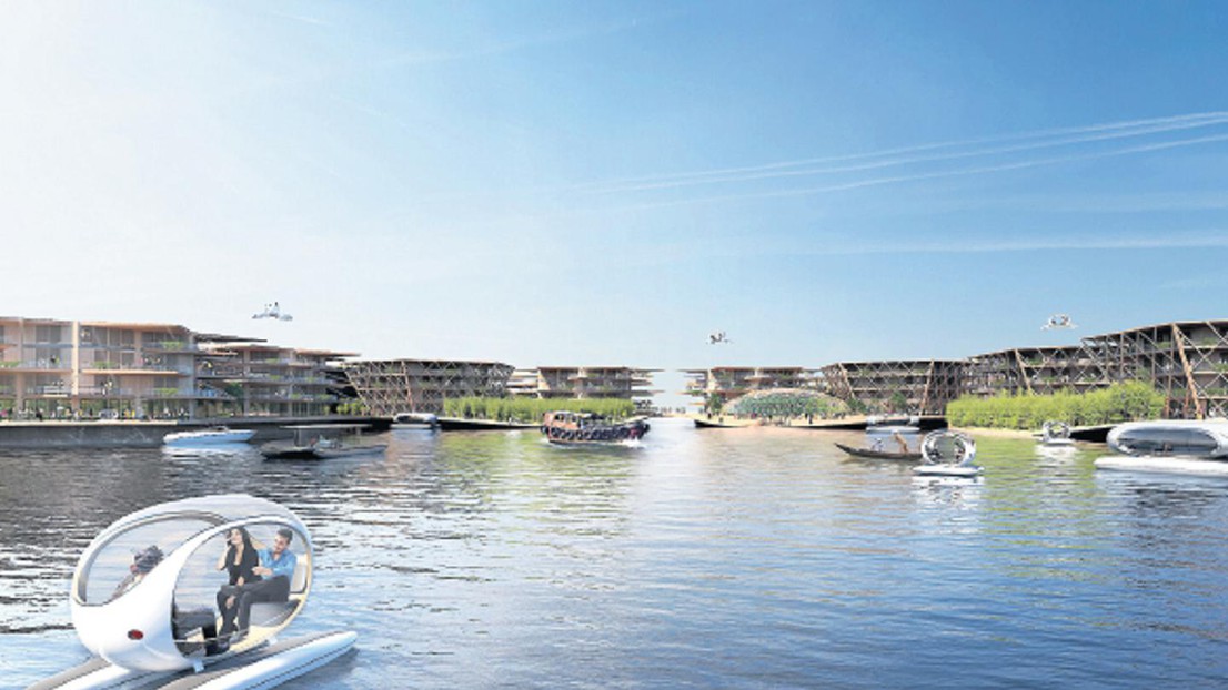 Le projet Oceanix City prévoit sur les plateformes flottantes des habitations qui ne dépassent pas sept étages. Elles doivent pouvoir résister à des vents violents. © OCEANIX 2021