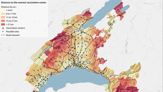 Distance to the nearest vaccination center by road network for each post code area (ZIP) in the Vaud Canton. © EPFL / LASIG A. Ladoy, S. Joost