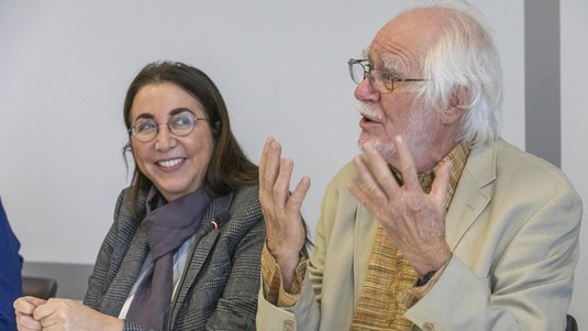 Jacques Dubochet with State Councillor Cesla Amarelle. © UNIL / Fabrice Ducrest