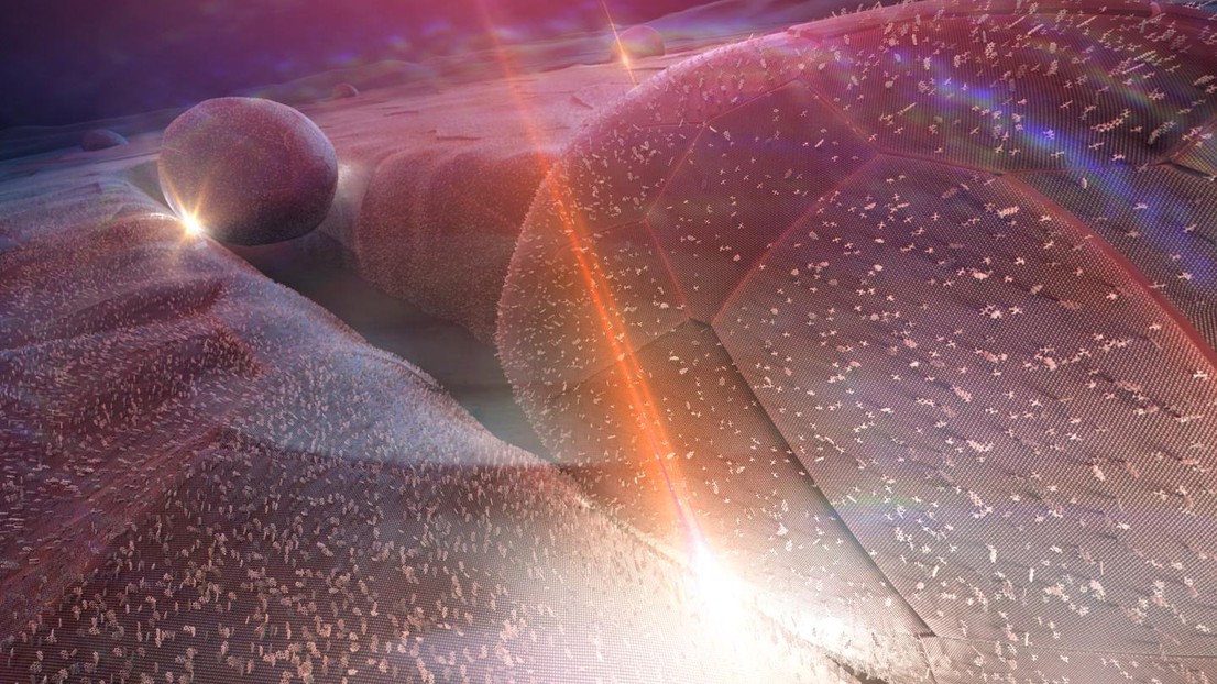 Vue artistique des cavités plasmoniques à nanoparticules dans un sillon. Credit: Nicolas Antille (http://www.nicolasantille.com)