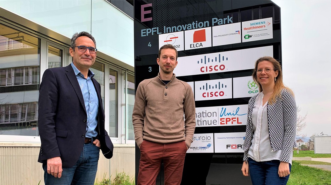 The i3 innovation team based at the EPFL Innovation Park, from left to right: Olivier Pajot, Guillaume Verez and Coline Lugaz ©2022 Aurelie Schick