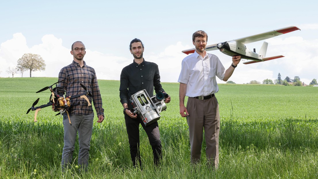 The authors Davide A. Cucci, Aurélien Brun and Jan Skaloud. © Alain Herzog/EPFL