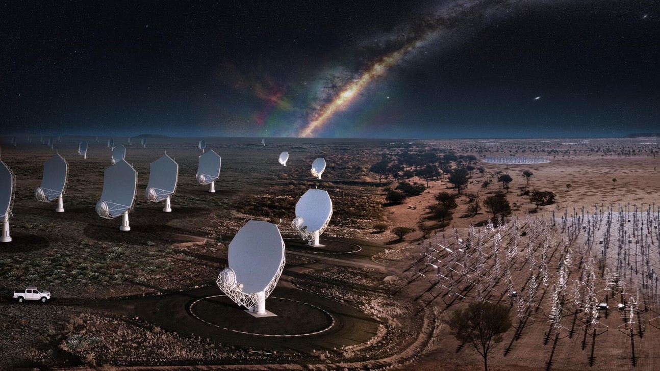 © 2022 SKAO. A composite image of the future SKA telescopes, an artist's impression.