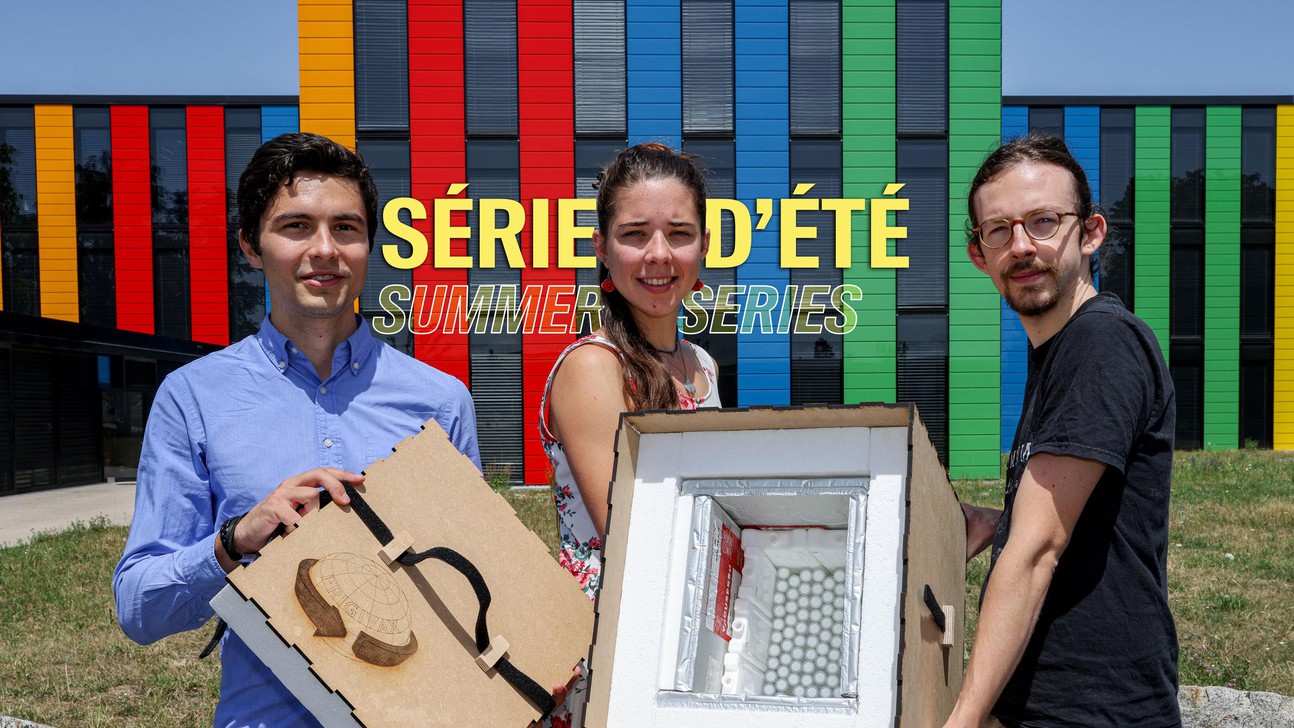 Raphaël Finizola, Lise Boitard-Crépeau and Simon Baillet have designed a self-cooling vaccine transport container. ©Alain Herzog/EPFL