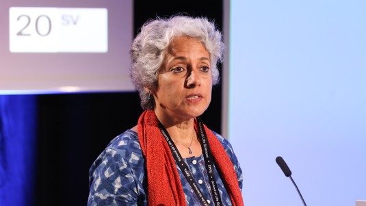 Soumya Swaminathan, chief scientist of the World Health Organization, delivers a keynote speech on science and society. © Alain Herzog, EPFL