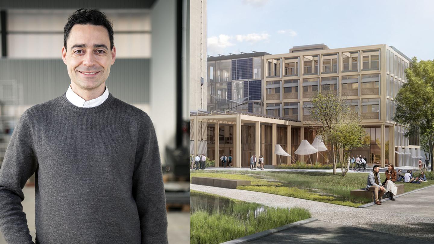 Sergi Aguacil avec le futur bâtiment du Smart Living Lab. © T.Delley/behnischarchitekten