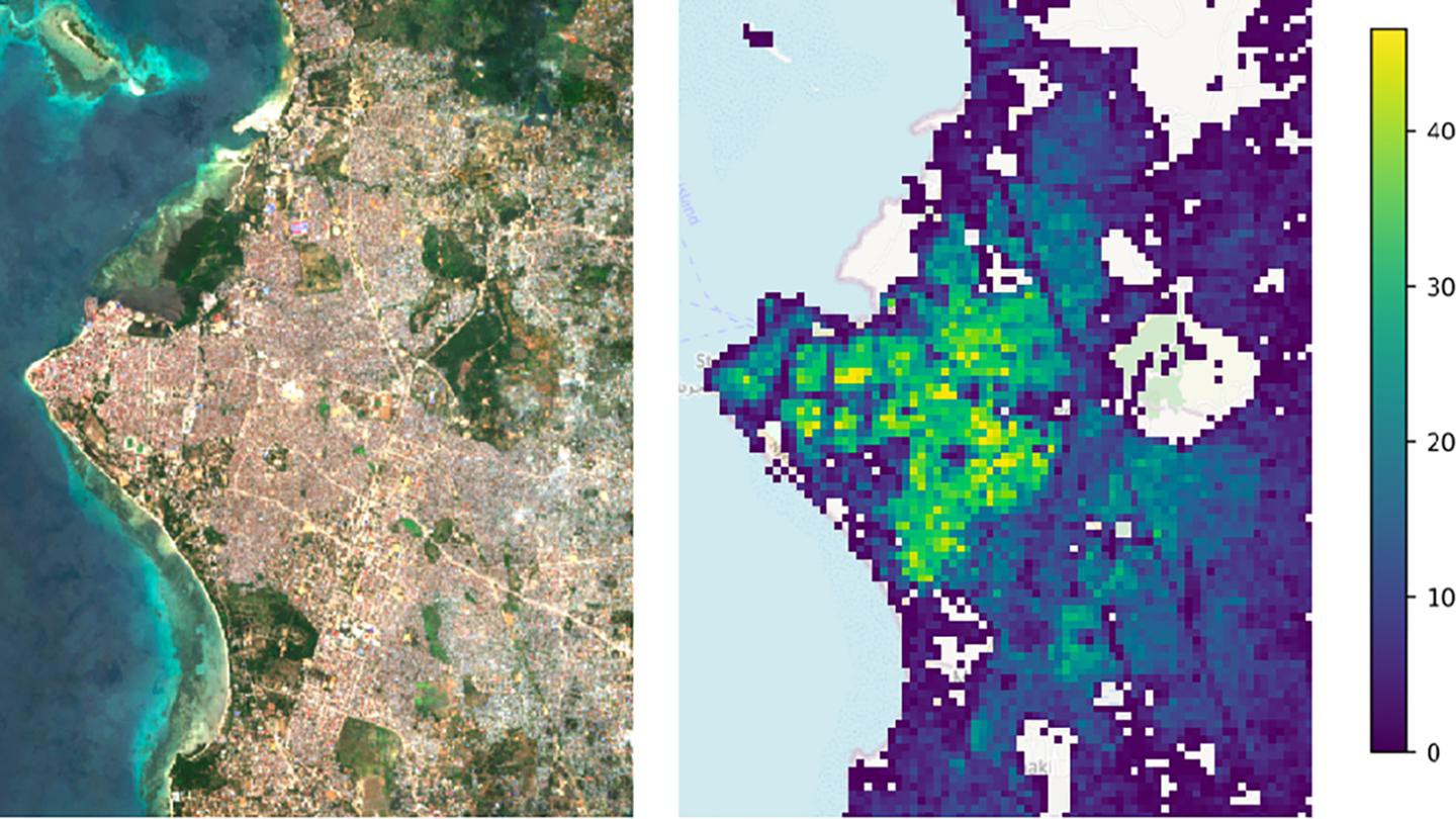 Visual comparison of Zanzibar City, Tanzania. Satellite image (left) and with Pomelo (right)