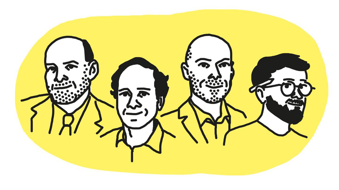 Les auteurs (de gauche à droite) : Jacques Lanarès, Marc Laperouzza, Emmanuel Sylvestre et le graphiste Julian Bader. © Julian Bader / 2023 EPFL