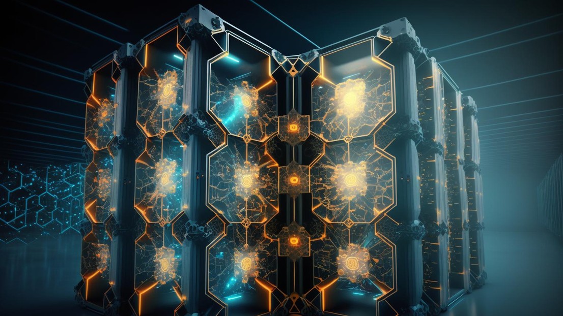 "A computer server transformed by MOFs (image creeted with an AI). Credit: Kevin Jablonka (EPFL)