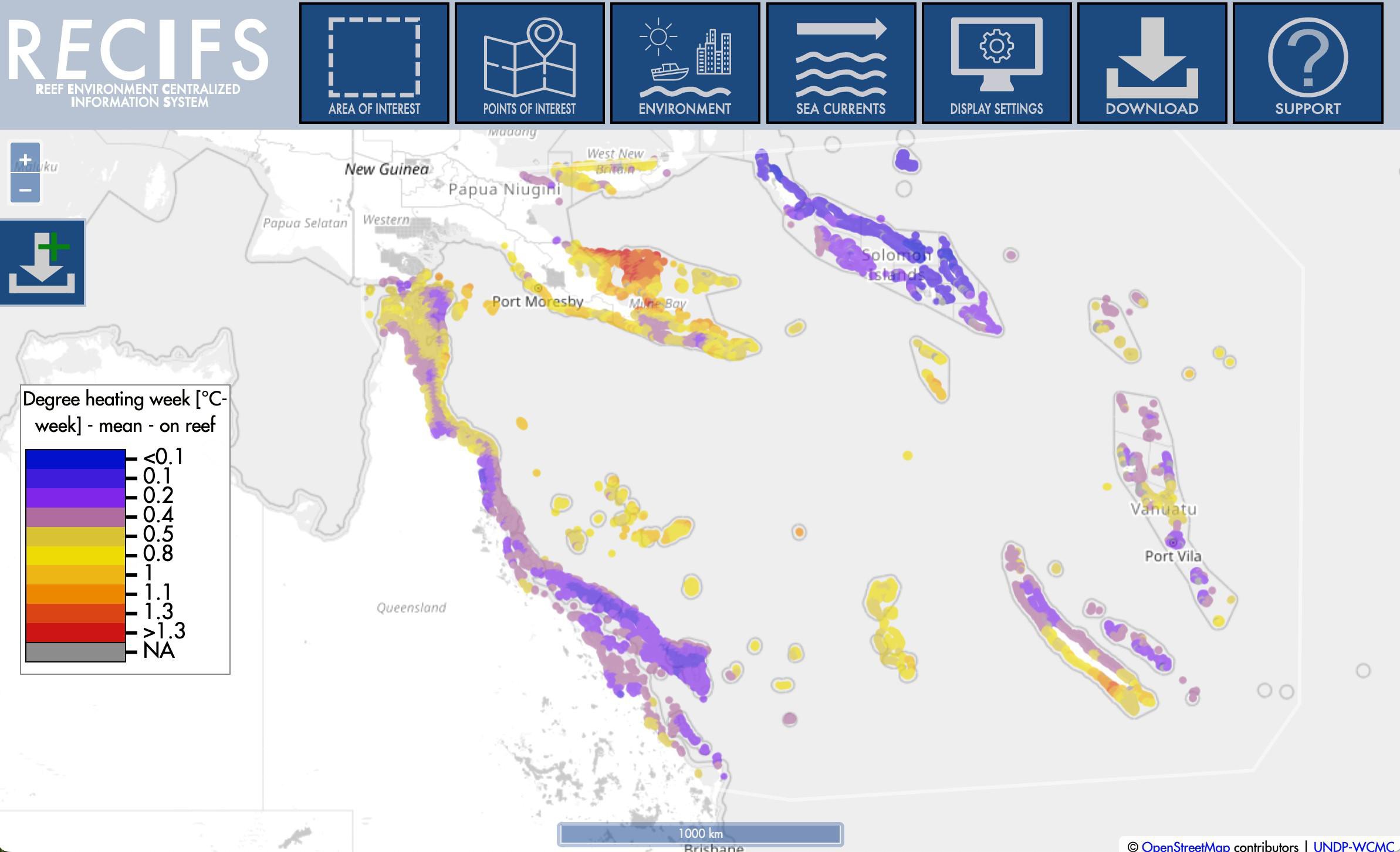 Average heat stress in coral reefs in the southwest Pacific, 1985–present © GEOME, LGB, EPFL