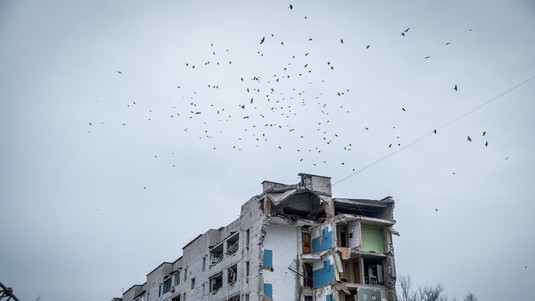 Collapsed stair block in the building in Borodyanka city near Kyiv. Eduard Kryzhanivskyi