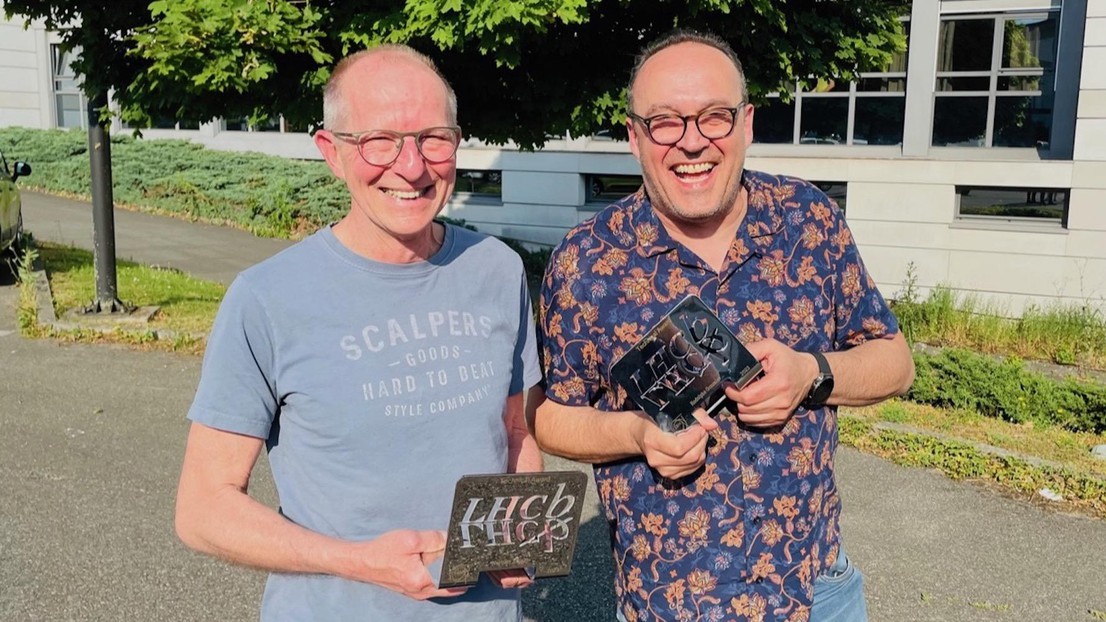 Norbert Adjadj (LPHE-OS) on the left and Rodolphe Gonzalez (IPHYS-AT-BSP) on the right, holding their LHCb trophies, just after the award ceremony at CERN on 7th June 2023 © 2023 Frédéric Blanc LPHE