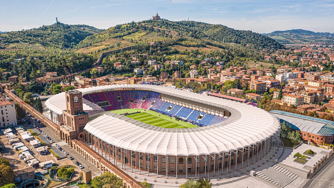 Rénovation du Stade Renato Dall’Ara de Bologne, vue aérienne © 2022 Alexandre Gameiro et Pierluigi Surano