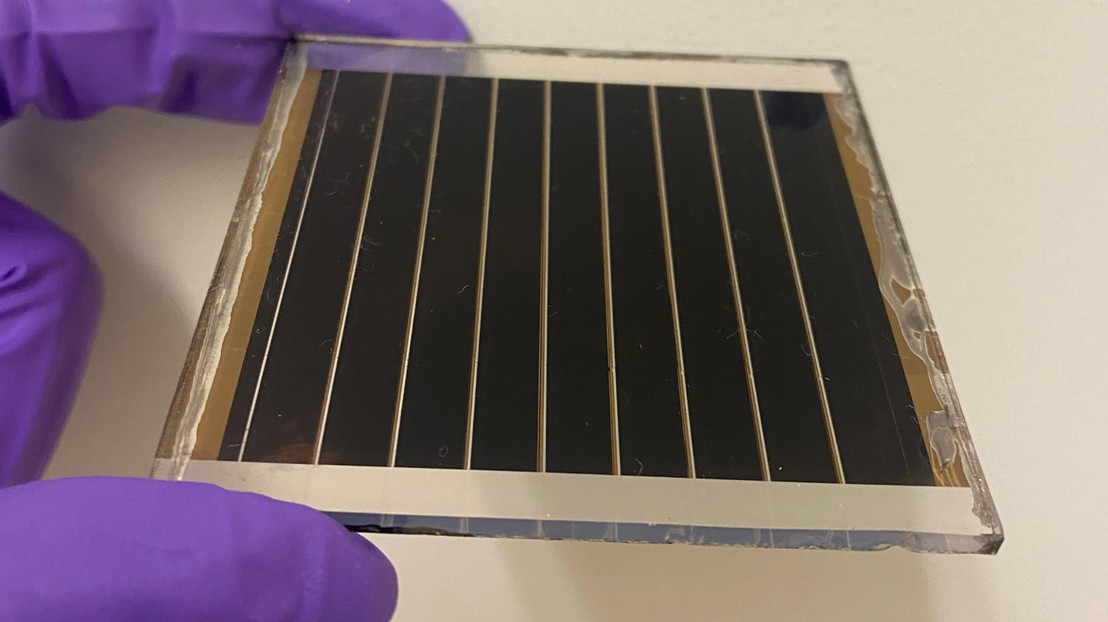 A perovskite solar module with an active area of 22.0 cm2 containing fluorinated aniliniums for interfacial passivation. Credit: Cheng Liu, Northwestern University