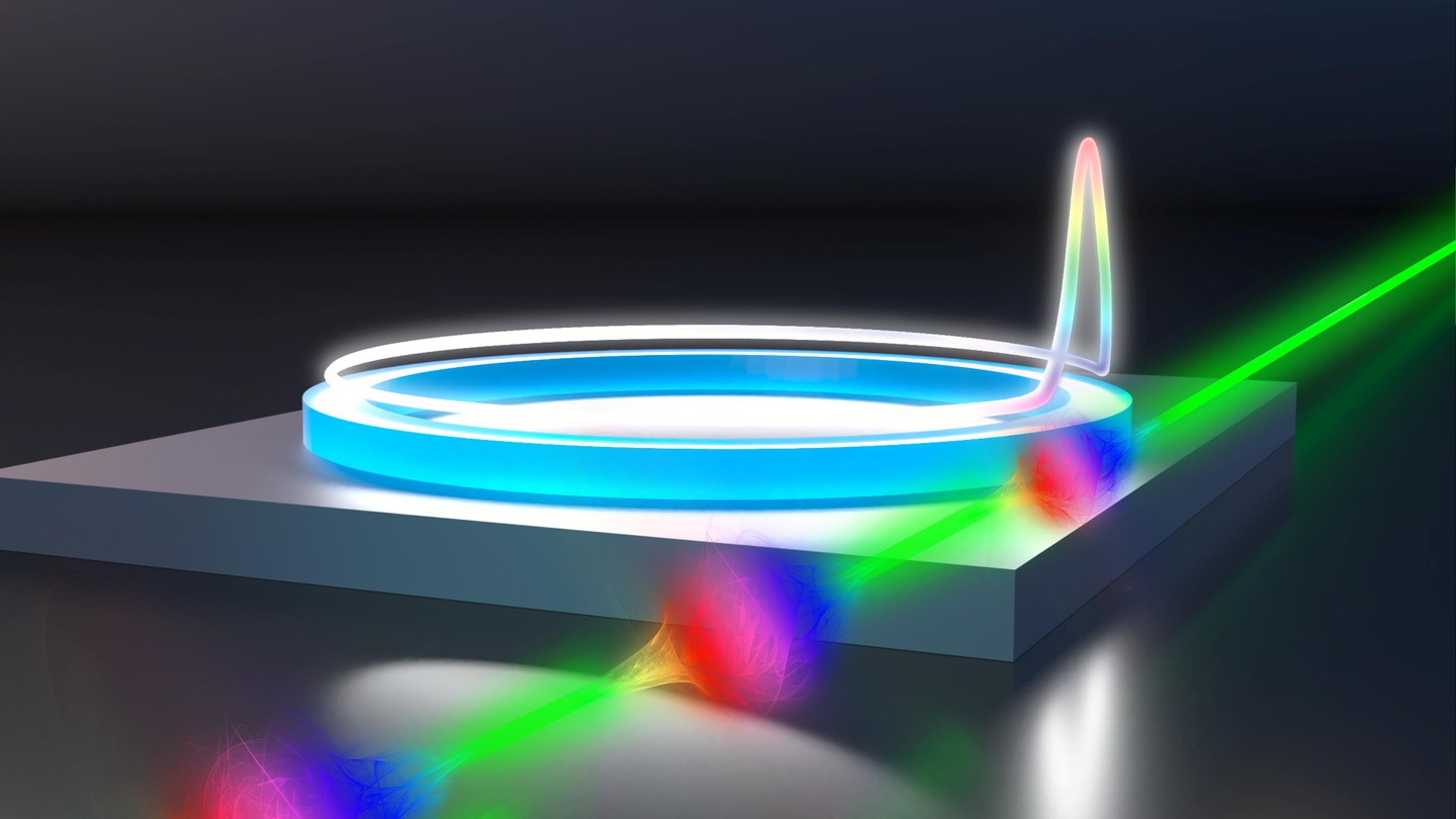 An artistic rendering of a beam of free electrons interacting with an optical pulse in a ring-shaped microresonator. Credit: Ryan Allen / Second Bay Studios.