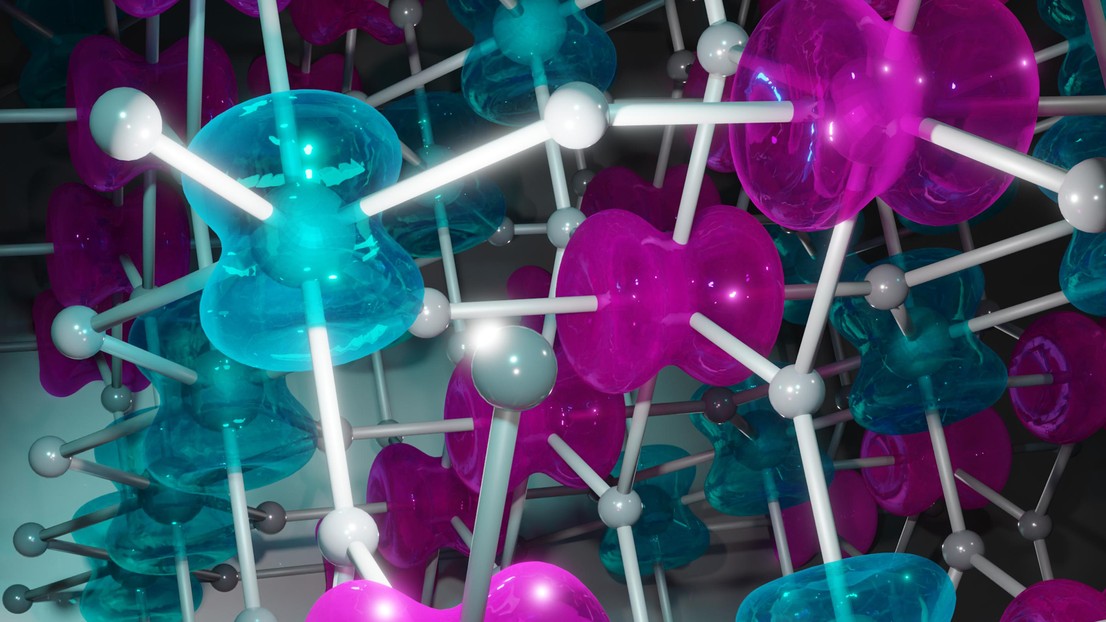 Visualisation des densités de spin dans un matériau altermagnétique, différentes couleurs indiquant différentes orientations du spin. Crédit : Libor Šmejkal et Anna Birk-Hellenes (Czech Acad. of Sci.)