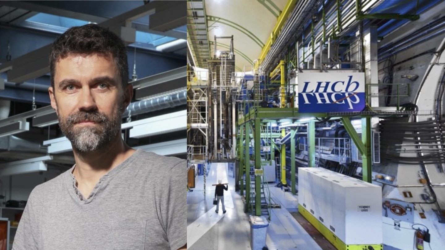 Prof. Frédéric Blanc (left) and the LHCb experimental hall. © LHCb Collaboration