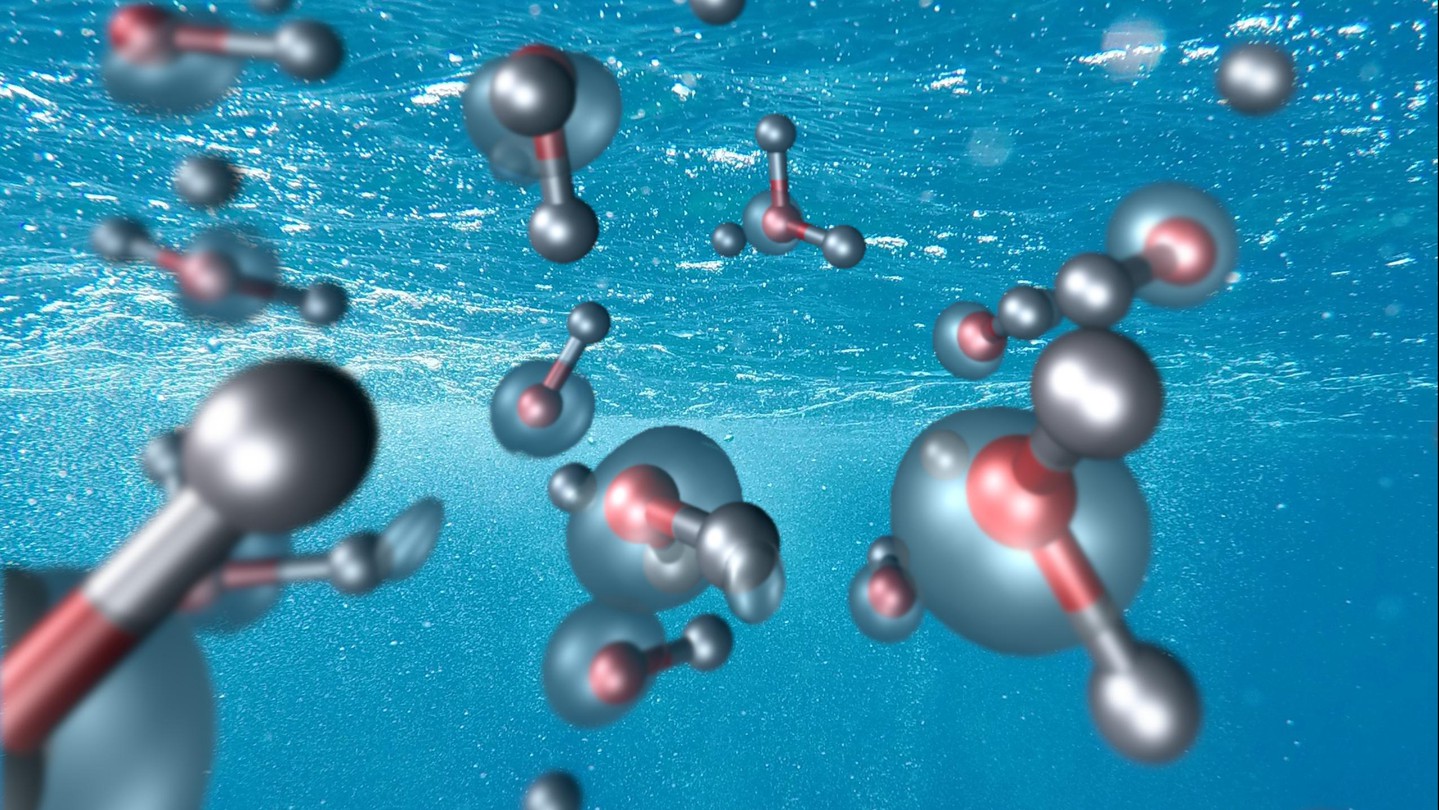 Water molecules and electron density corresponding to the exciton state resulting from photon absorption. Credit: Krystian Tambur (background)/Alexey Tal (water molecules)