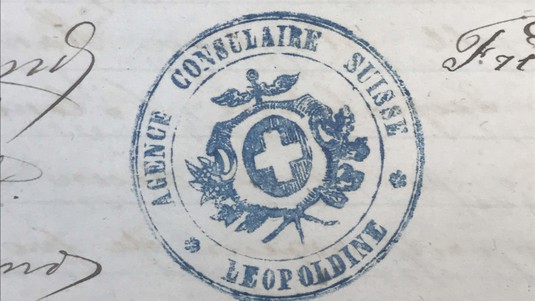 Le tampon de bureau Agence Consulaire Suisse - Leopoldine a été utilisé pour l'administration coloniale à partir du vice-consulat suisse, placé sur la Colônia Leopoldina dès 1862. © Archives fédérales suisses