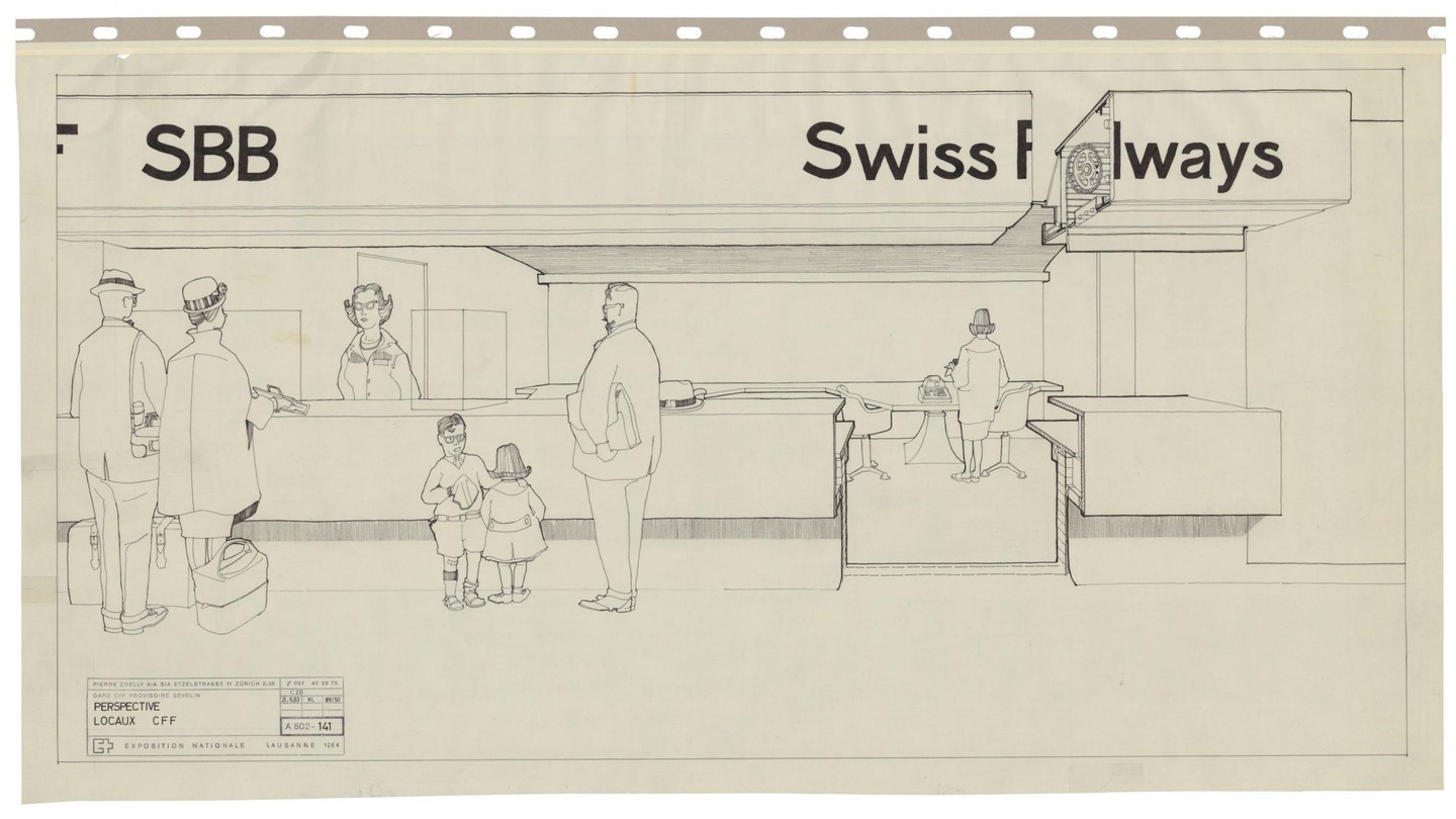 Gare temporaire de Sévelin, à Lausanne : Locaux CFF : perspective (1:20) / © Pierre Zoelly, 21.06.1963. Archives de la construction moderne - EPFL. Fonds P. Zoelly