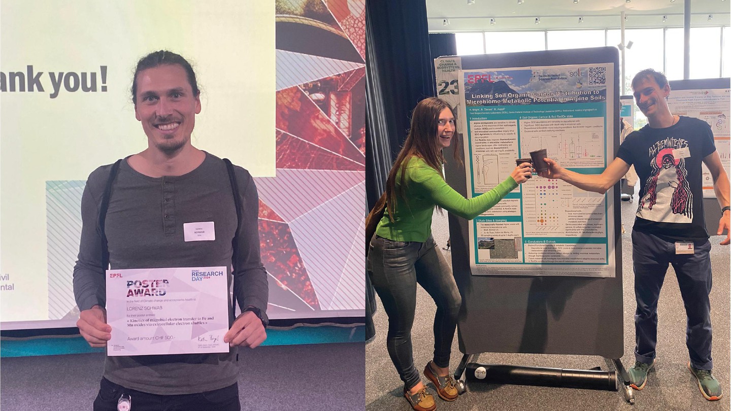 Lorenz with his poster award (left), Kristina and Bence with their poster (right) © 2024 Orly Mendoza