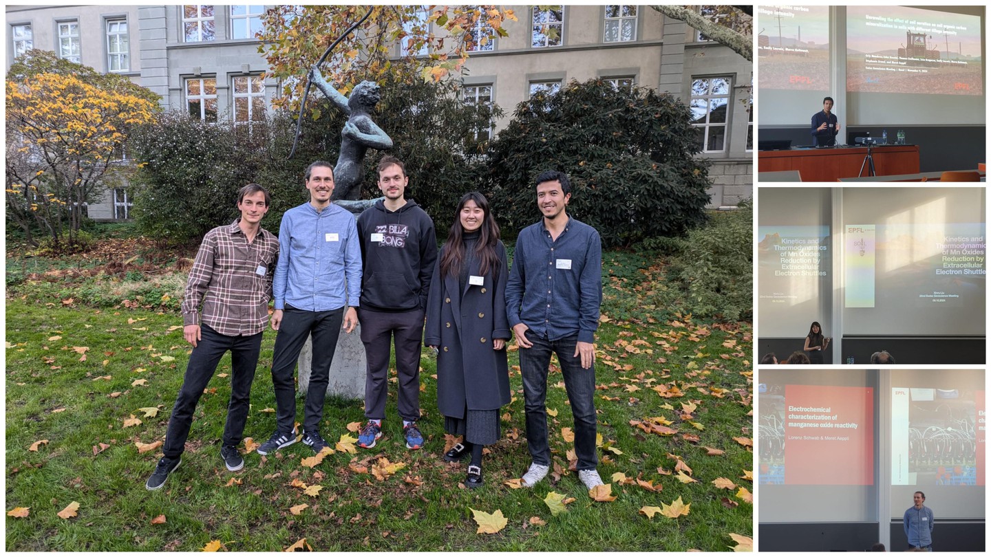 A) SOIL group members at SGM (from left to right: Bence, Lorenz, Gino, Xinru, Orly) B) Orly presenting C) Xinru presenting D) Lorenz presenting © 2024 EPFL