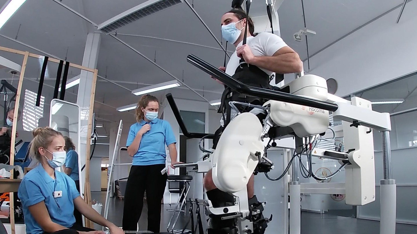 Common robotic devices to safely automate and augment gait rehabilitation. © .NeuroRestore/EPFL/CHUV 2025