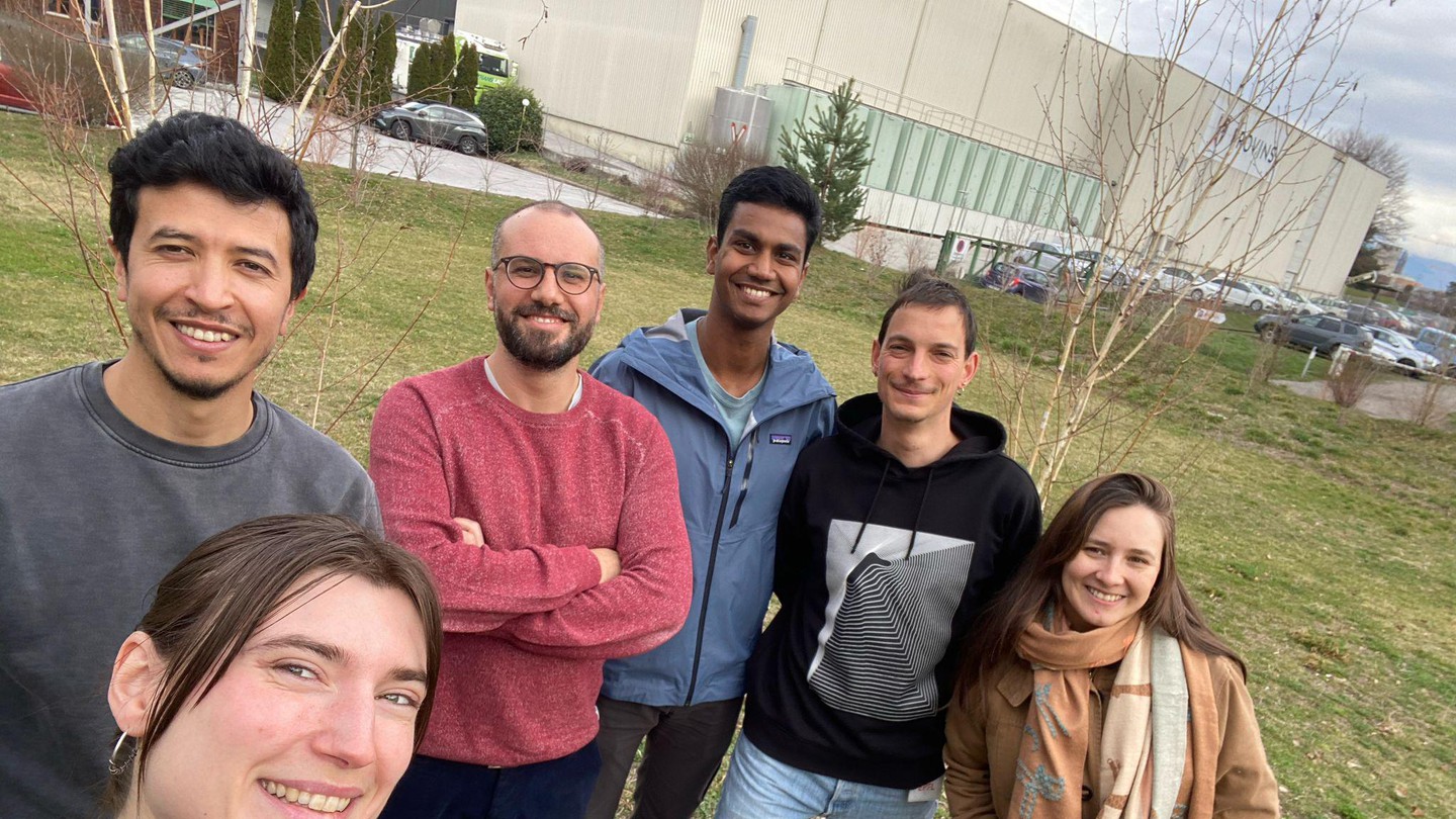 Celebrating Vineeth's arrival with a selfie (from left to right: Orly, Kristina, Filippo, Vineeth, Bence, and Camila) © 2025 K. Bright