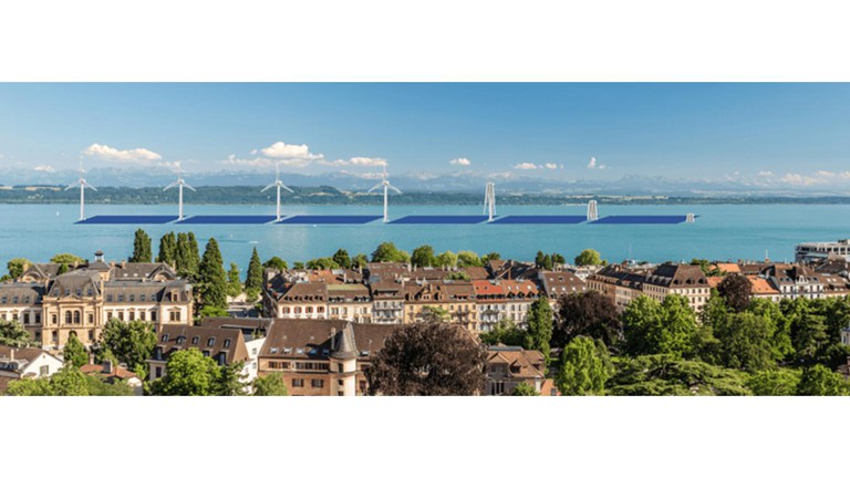 © 2025 EPFL, Photo montage de la première partie du projet « eau-soleil-vent » sur le lac de Neuchâtel. Les trois éoliennes de droite sont en phase d’escamotage.