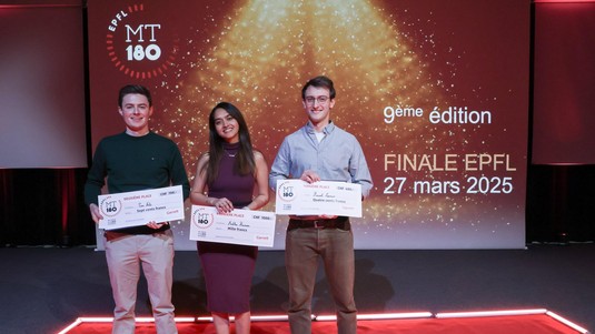 Les lauréat-es: Tom Nelis 2ème, Medha Raman 1ère, Manuel Loparco 3ème et prix du public© 2025 EPFL