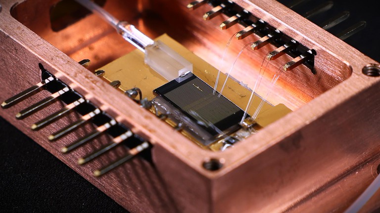 Laser Pockels E-DBR photonique intégré et accordable ultra-rapidement. Crédit: EPFL