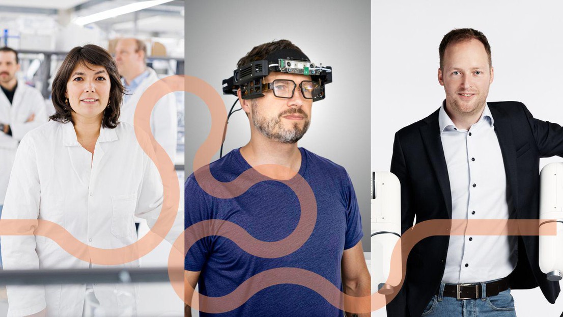 Left: Amélie Béduer, Volumina Medical (picture: Valentin Flauraud) - Middle: Tomas Sluka, CREAL - Right: Michael Friedrich, Distalmotion with the Dexter surgical robot