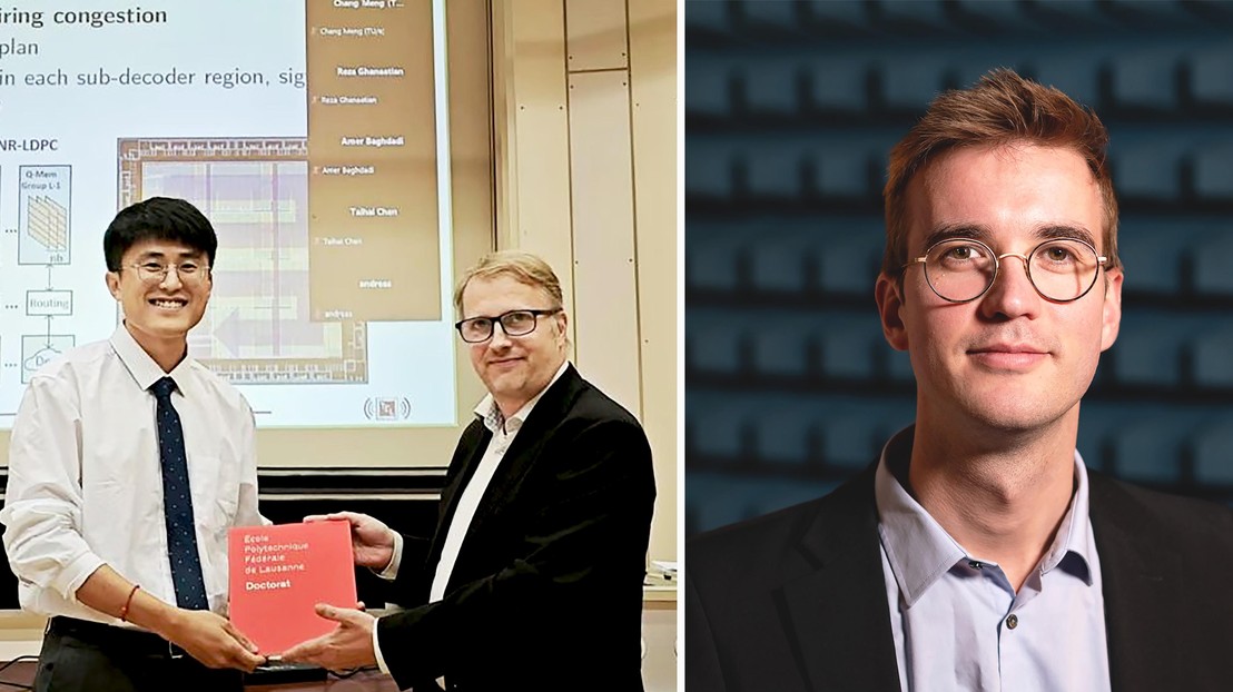 Yuqing Ren (left, with Prof. Andreas Burg) and Elias Le Boudec. 2025 IEM EPFL CC BY SA