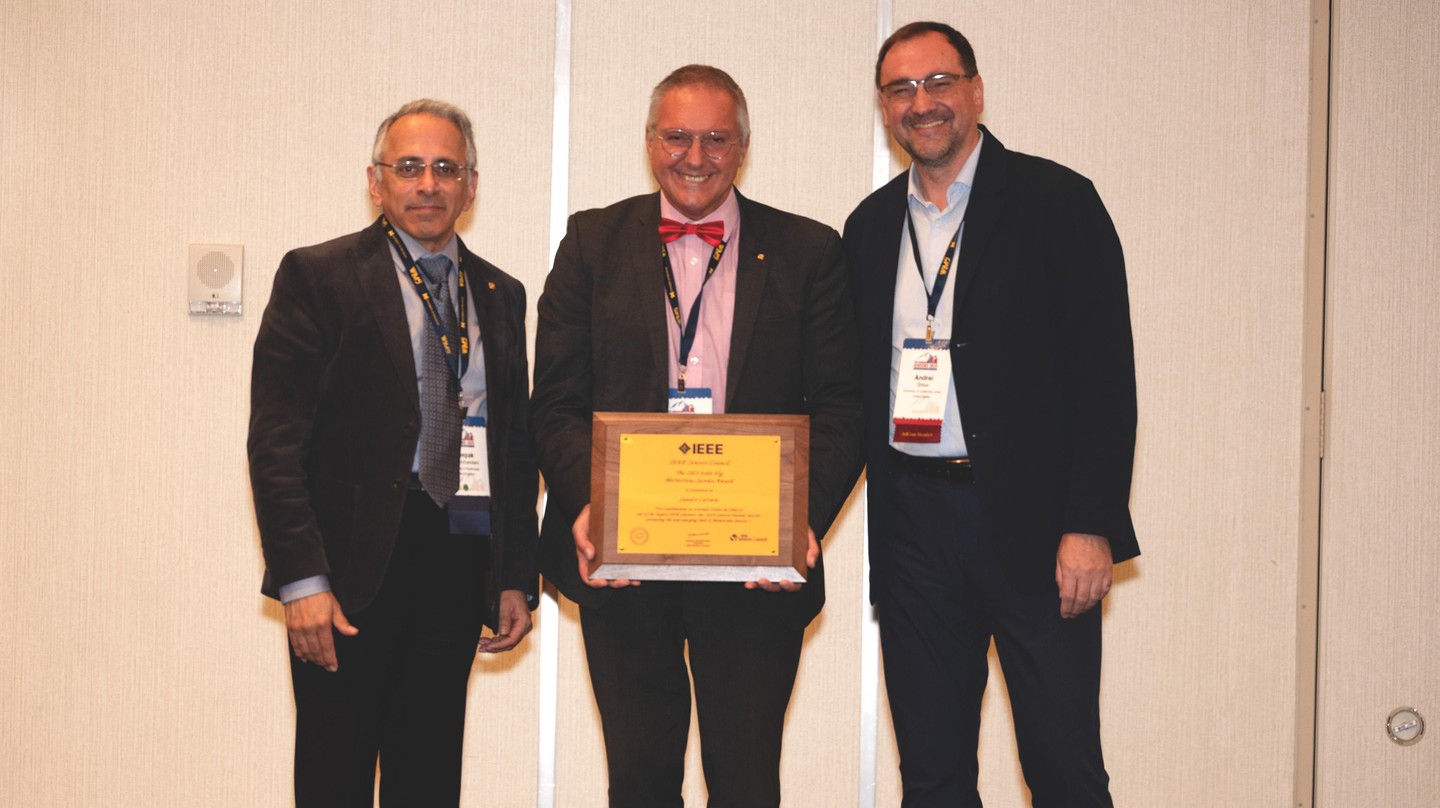 Sandro Carrara (center) with IEEE Sensors Council Executive Committee  members Deepak Uttamchandani (left) and Andrei Shkel (right) © 2025 IEEE Sensors Conference