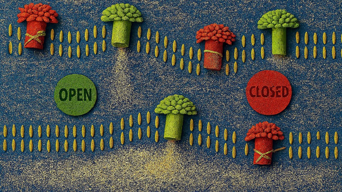 A represenation of a cell membrane (rice) with nanopores (broccoli) releasing ions (seeds). 2025 EPFL/A. Radenovic CC-BY-SA 4.0