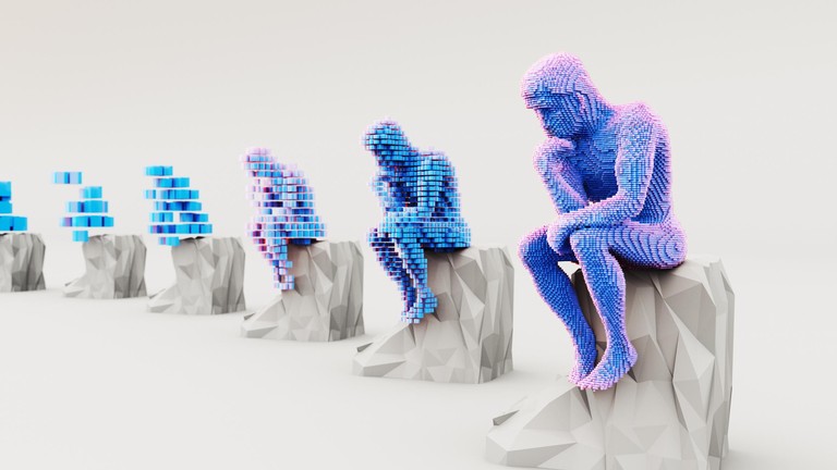 Structure made of cubes in the shape of a thinking or contemplating person © iStock
