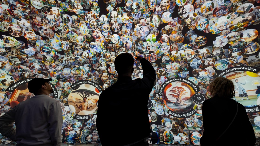 Sarah Kenderdine and visitors explore the Geneva Public Portal to Anticipation © 2025 eM+