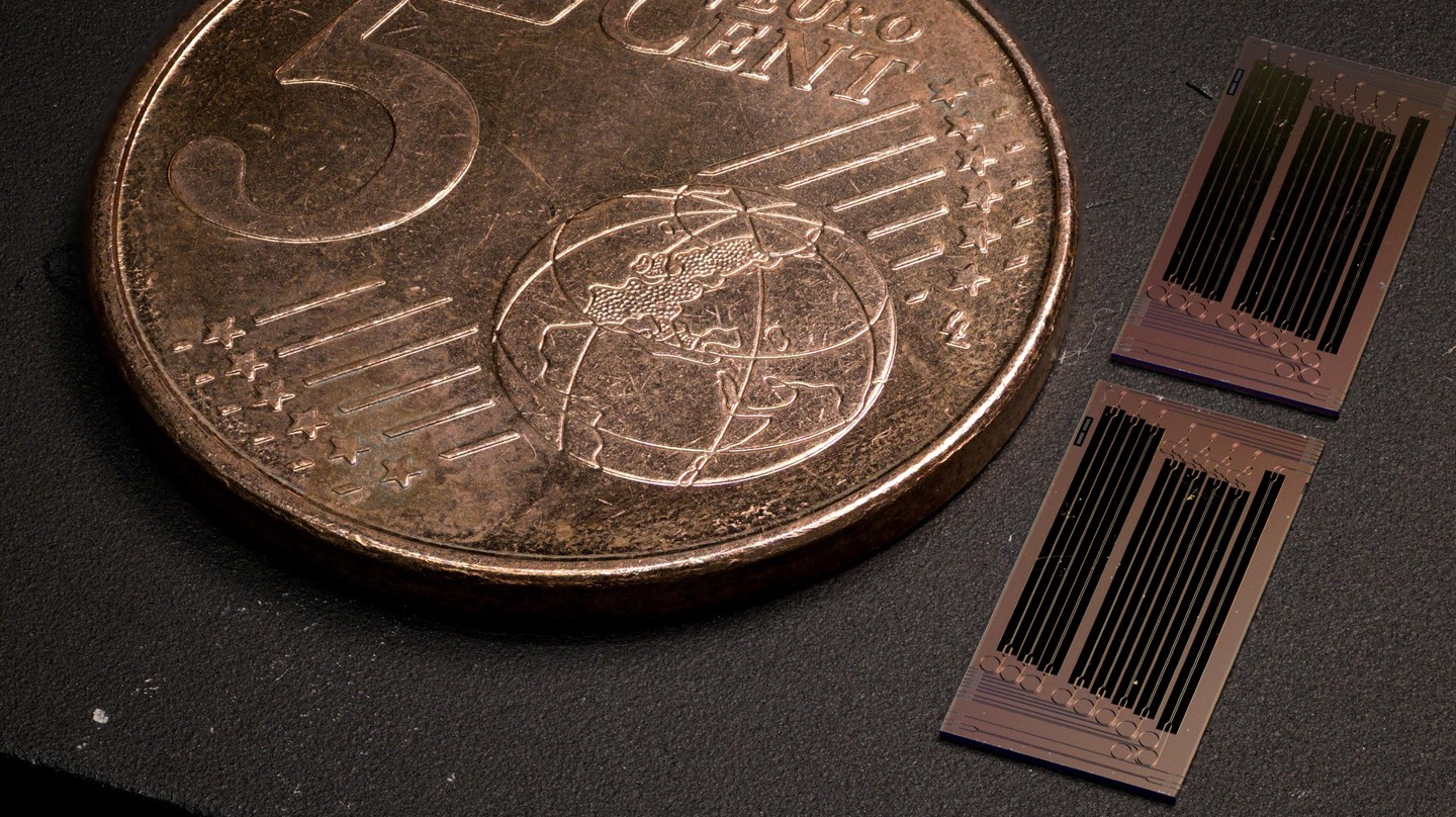 Les puces photoniques à côté d'une pièce de 5 €. Crédit: Hugo Laroque ©2026 EPFL