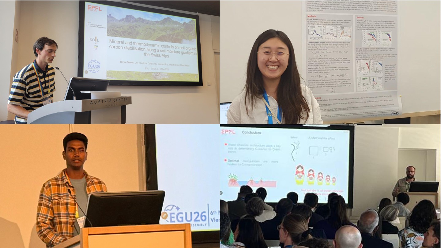 Bence, Xinru, Vineeth, and Filippo presented at EGU (top left to bottom right). © 2026 EPFL