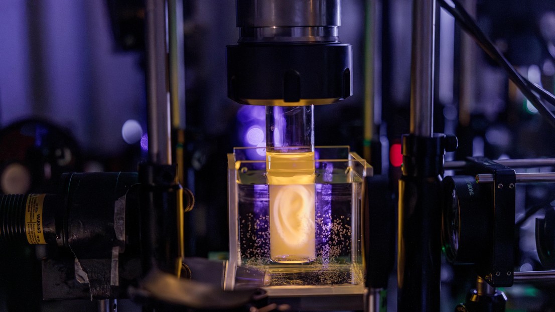 Holographic projection of a human ear model on a sample vial. 2026 Adrien Buttier/EPFL CC BY SA