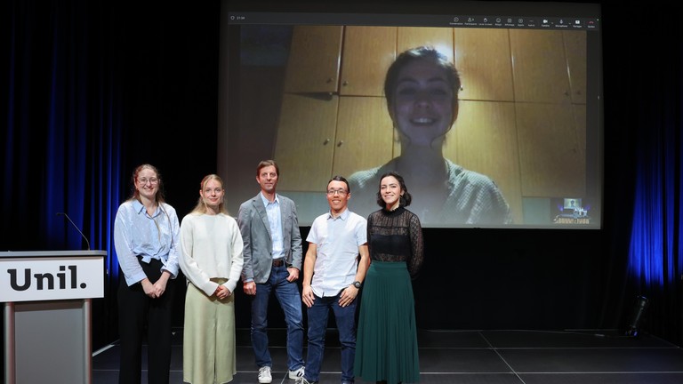 (left to right) Nikita Audergon, Célia Fleury, Augustin Fragnière, Brian Salamin et Zélie Cortès. In the background, Aurélie Fornerod took part via Zoom. © 2026 EPFL/Alain Herzog (left to right) Nikita Audergon, Célia Fleury, Augustin Fragnière, Brian Salamin et Zélie Cortès. In the background, Aurélie Fornerod took part via Zoom. © 2026 EPFL/Alain Herzog
