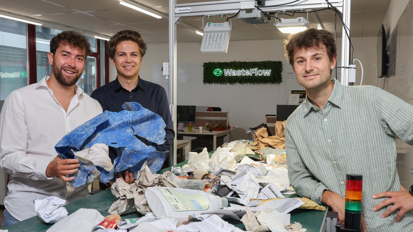 Théophile Agresti, Théo Vitupier et Valentin Ibars, cofondateurs de la start-up WasteFlow © 2026 Alain Herzog