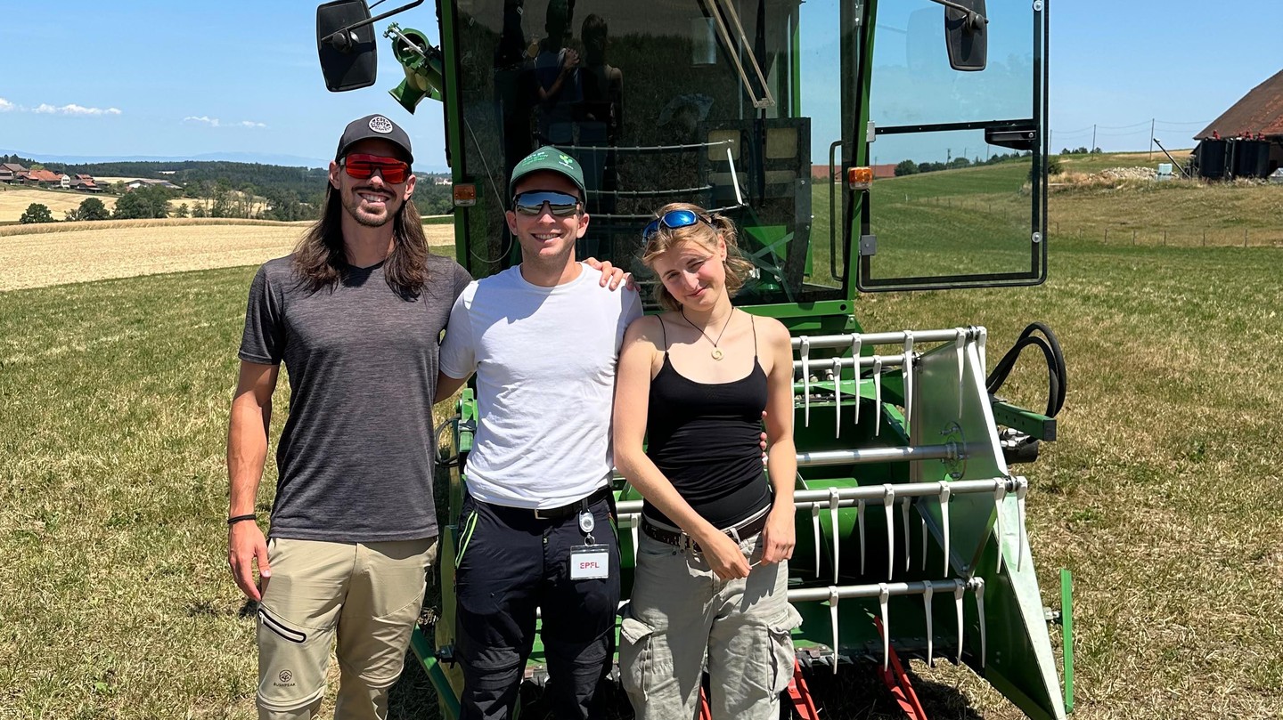 From left to right: Damien, Michelangelo, and Clémence during harvest day. © 2026 M. Vuono