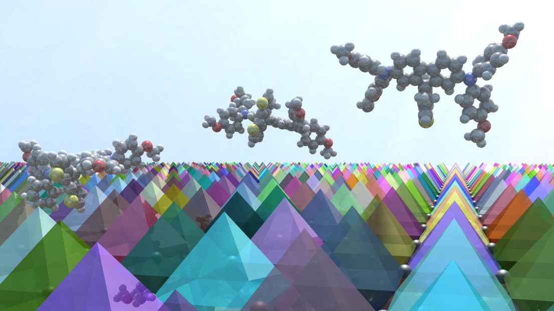 3-D illustration of FDT molecules on a surface of perovskite crystals (credit: Sven M. Hein) © EPFL